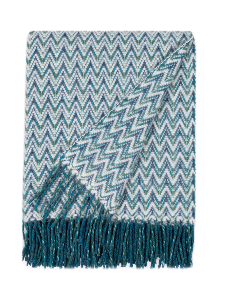 Aqua blue wool throw blanket with calming wave pattern and fringed edges, woven in lightweight lambswool