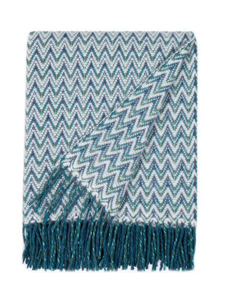 Aqua blue wool throw blanket with calming wave pattern and fringed edges, woven in lightweight lambswool