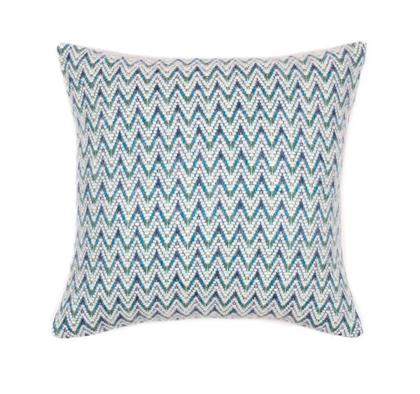 Aqua blue wool pillow with flowing wave-like pattern, in soft  New Zealand lambswool fabric.  Alrun Nordic Design